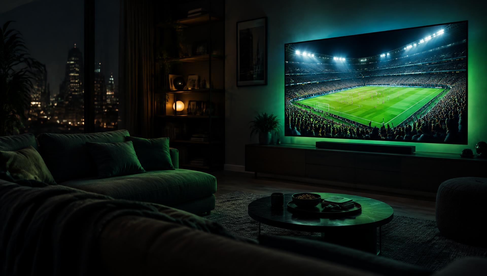 Sala escura com TV mostrando um jogo de futebol